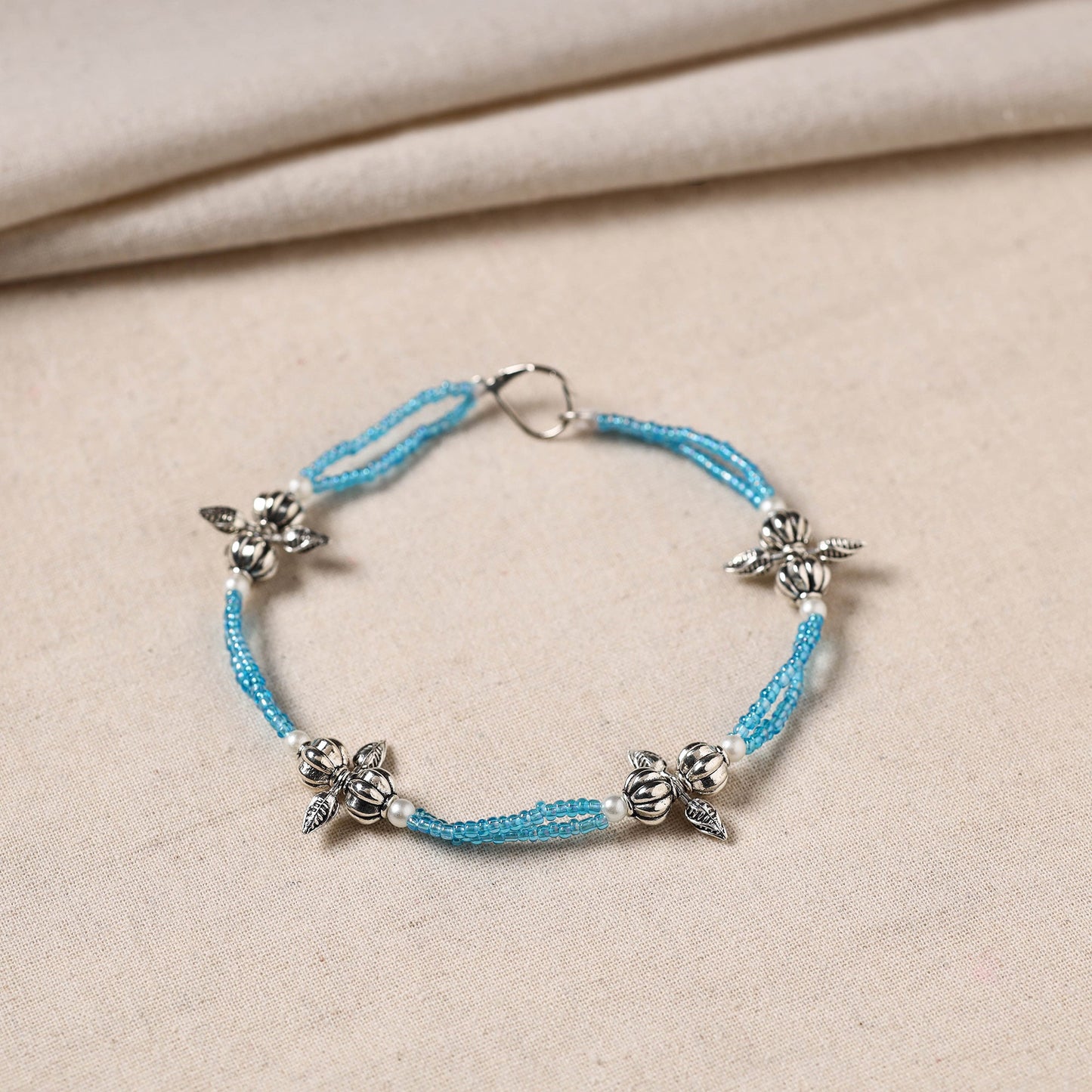 Blue - handmade oxidised silver beaded anklet 21