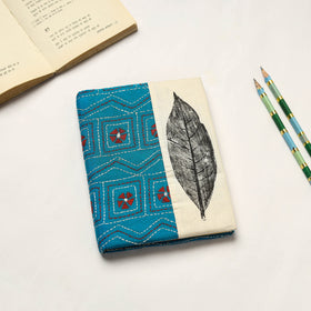 Blue Handmade Paper Notebook with Eco Leaf Print Kantha Work