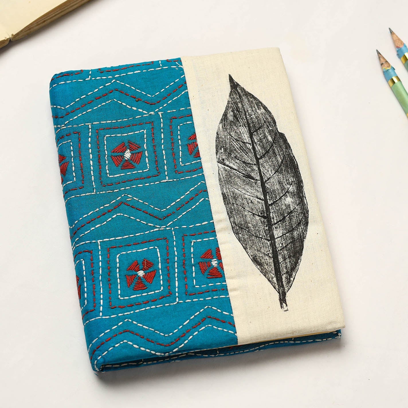Blue Handmade Paper Notebook with Eco Leaf Print Kantha Work