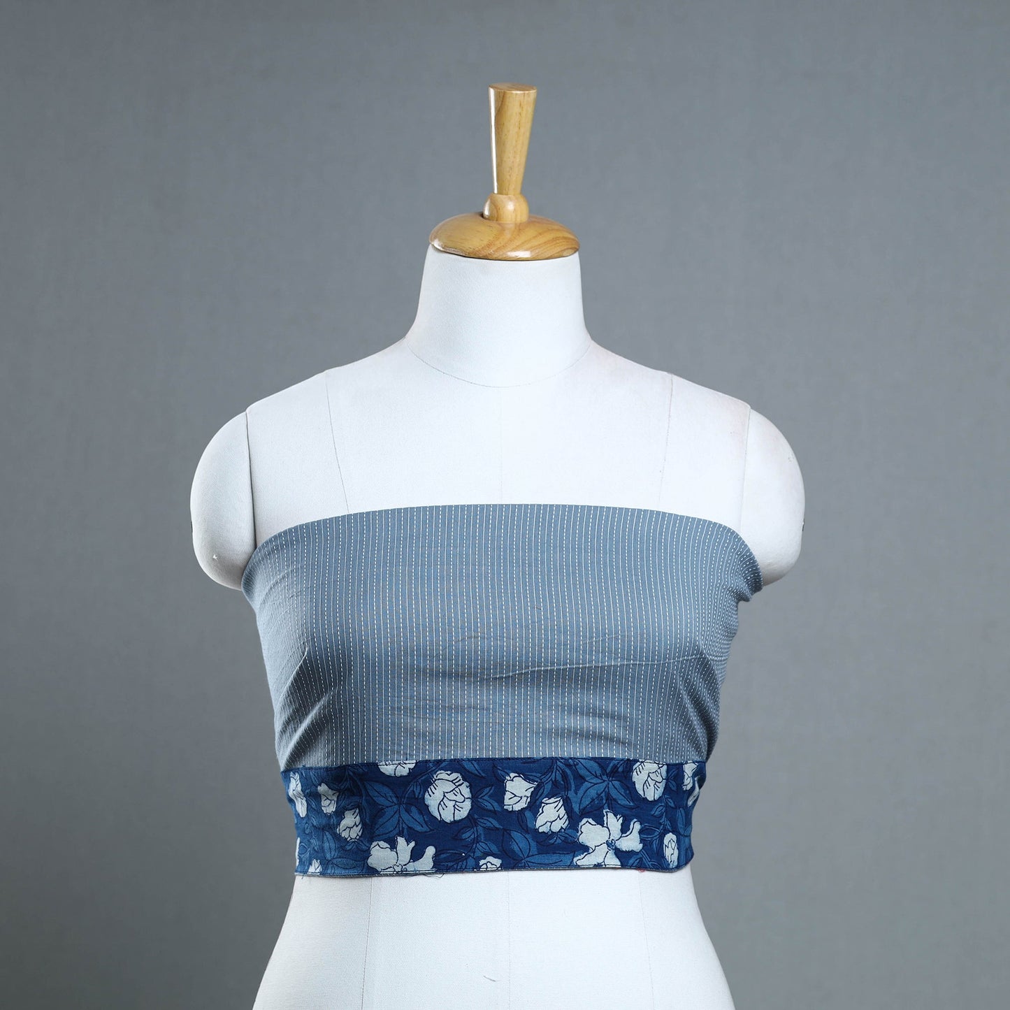 Blue - handmade running stitch plain cotton blouse piece