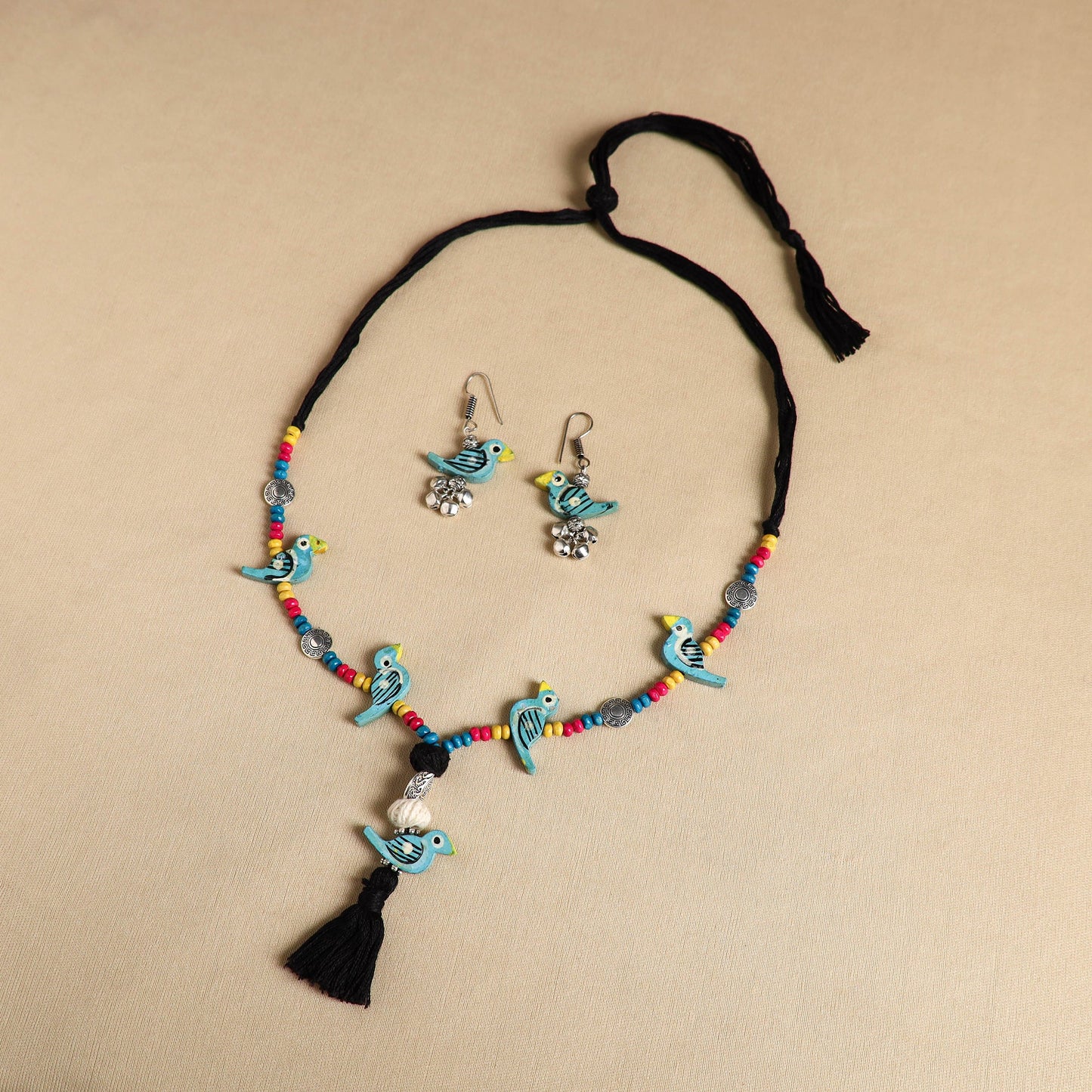 Blue Handmade Wooden Bird Beaded Necklace Set