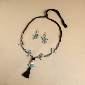 Blue Handmade Wooden Bird Beaded Necklace Set