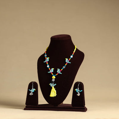 Blue - handmade wooden bird beaded necklace set 07