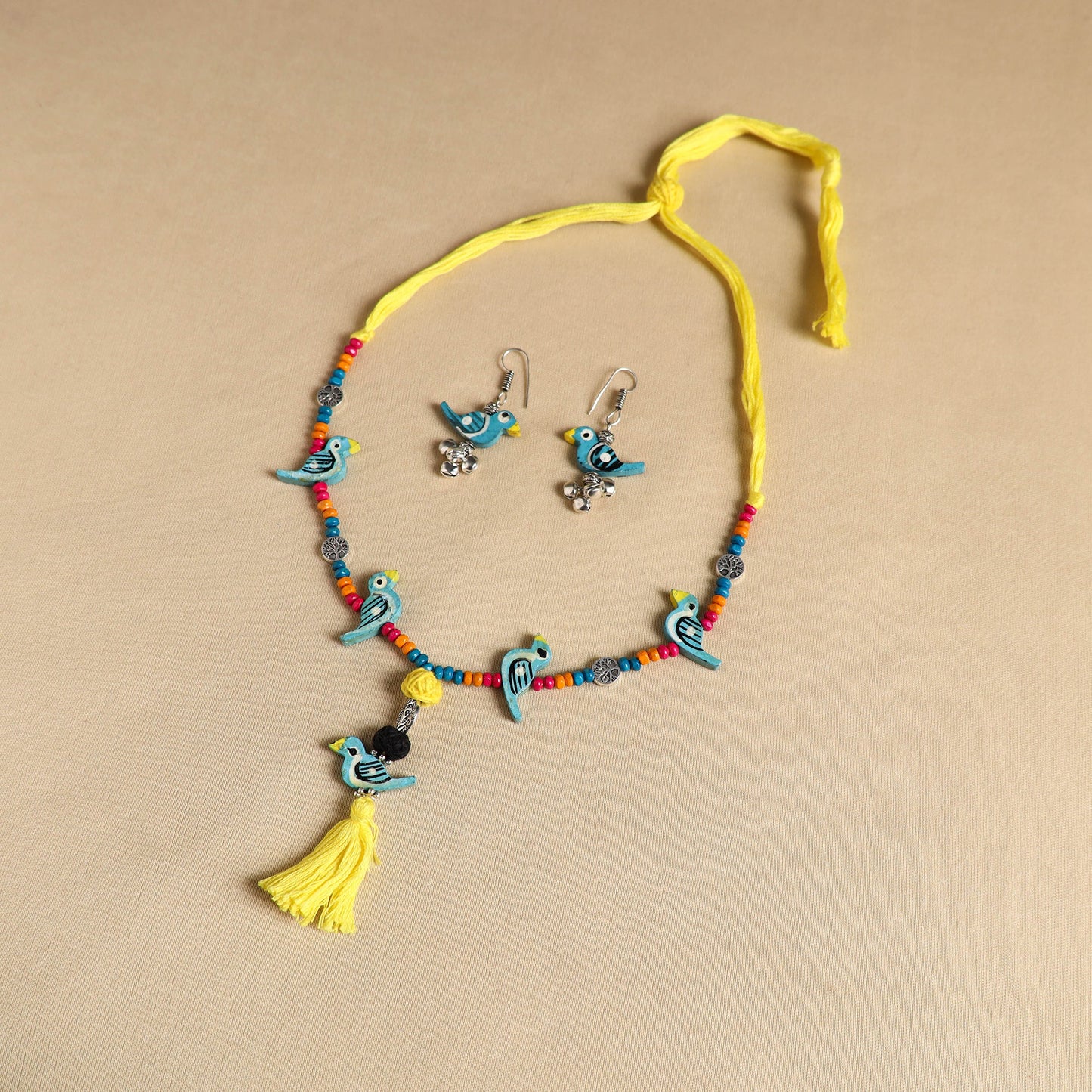 Blue - handmade wooden bird beaded necklace set 07