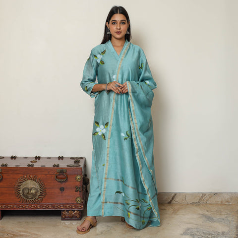 Blue Handpainted Chanderi Silk Kurta Set with Palazzo & Dupatta