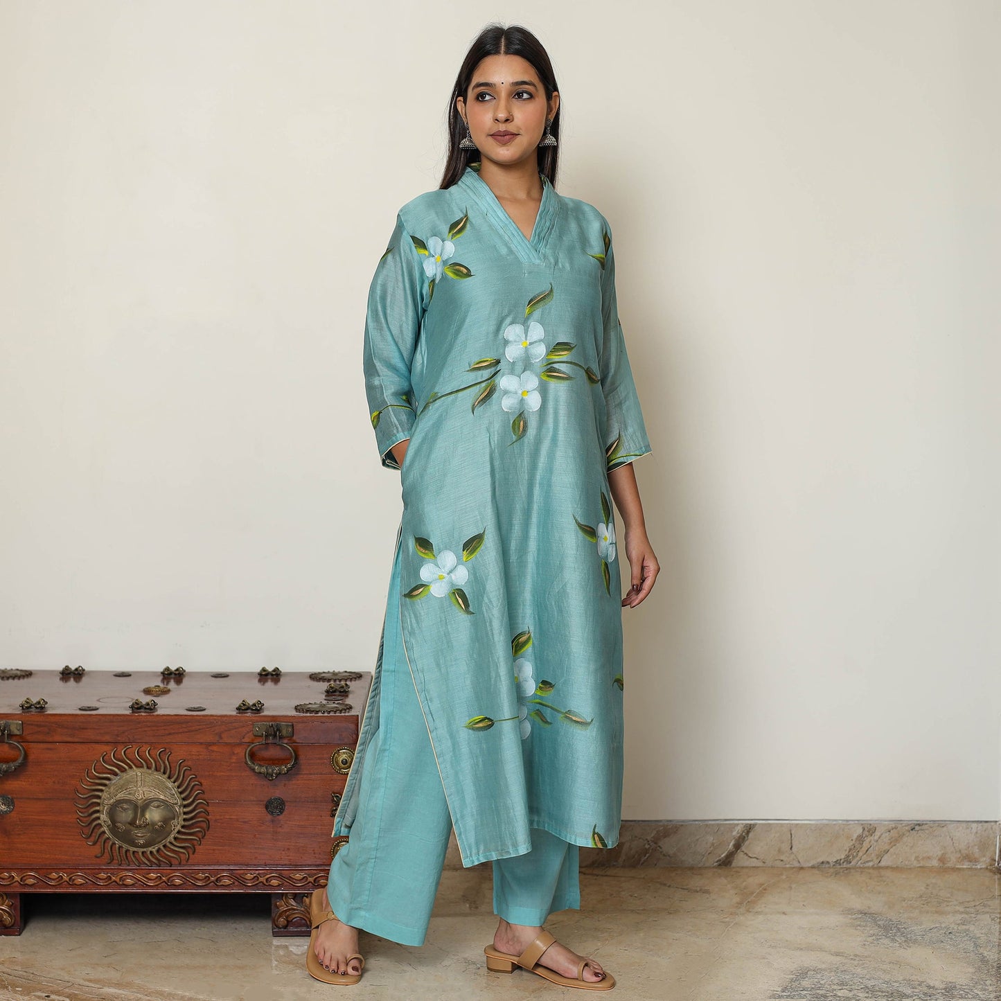 Blue Handpainted Chanderi Silk Kurta Set with Palazzo & Dupatta