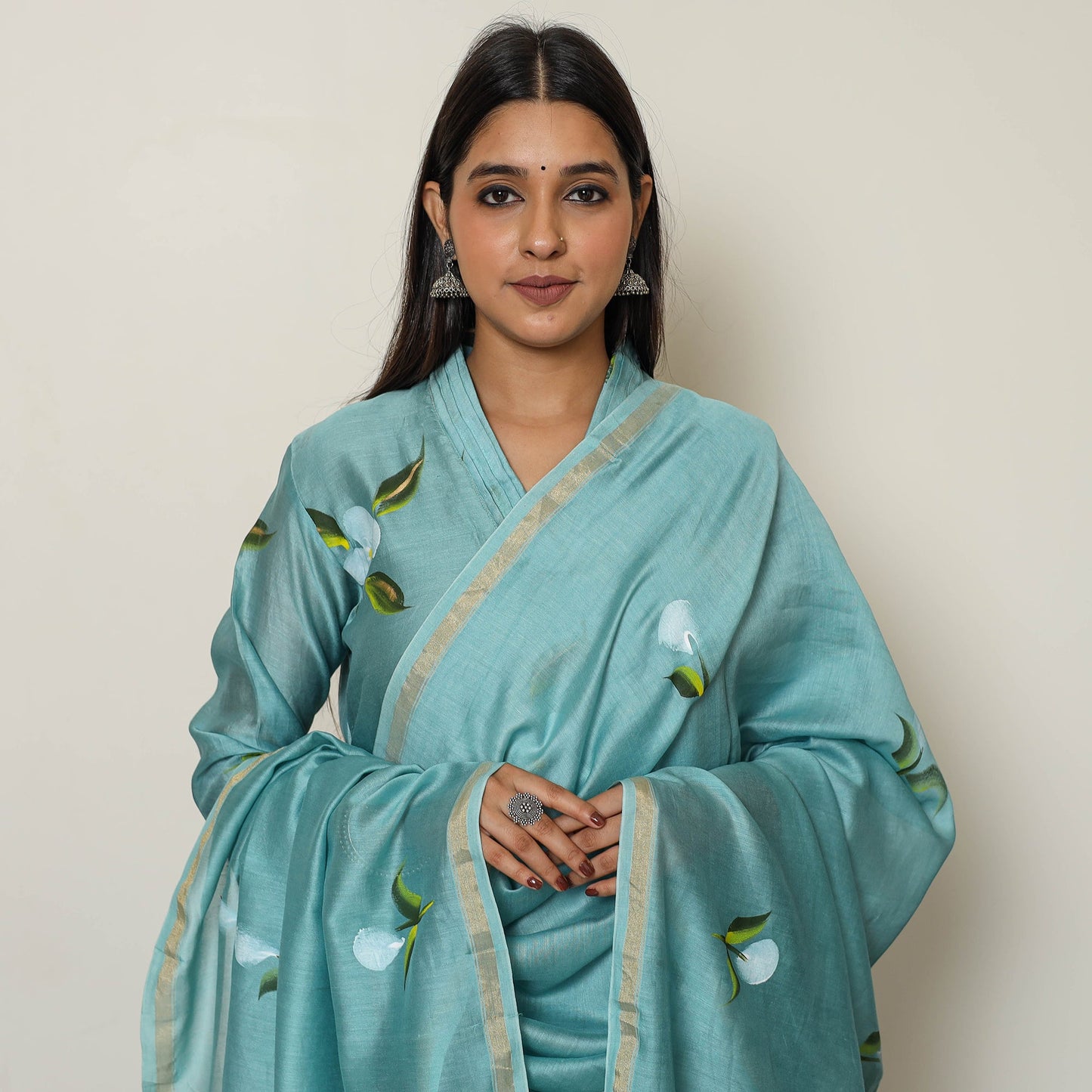 Blue Handpainted Chanderi Silk Kurta Set with Palazzo & Dupatta