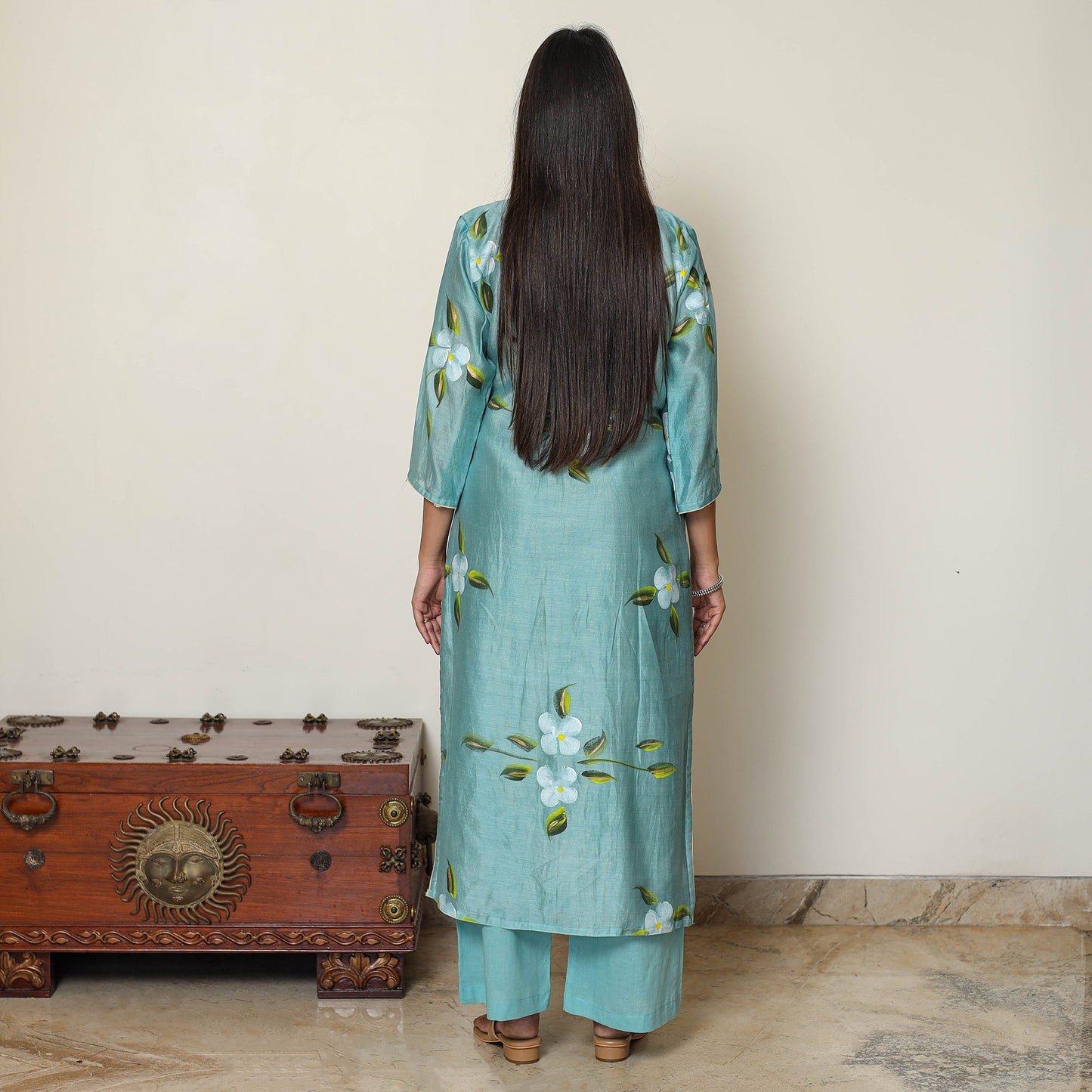 Blue Handpainted Chanderi Silk Kurta Set with Palazzo & Dupatta