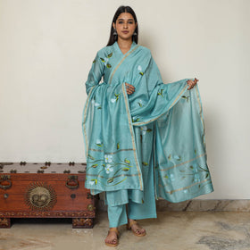 Blue Handpainted Chanderi Silk Kurta Set with Palazzo & Dupatta