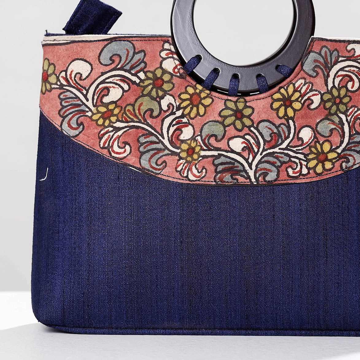 Blue Handpainted Kalamkari Ghicha Silk Hand Bag