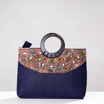 Blue Handpainted Kalamkari Ghicha Silk Hand Bag
