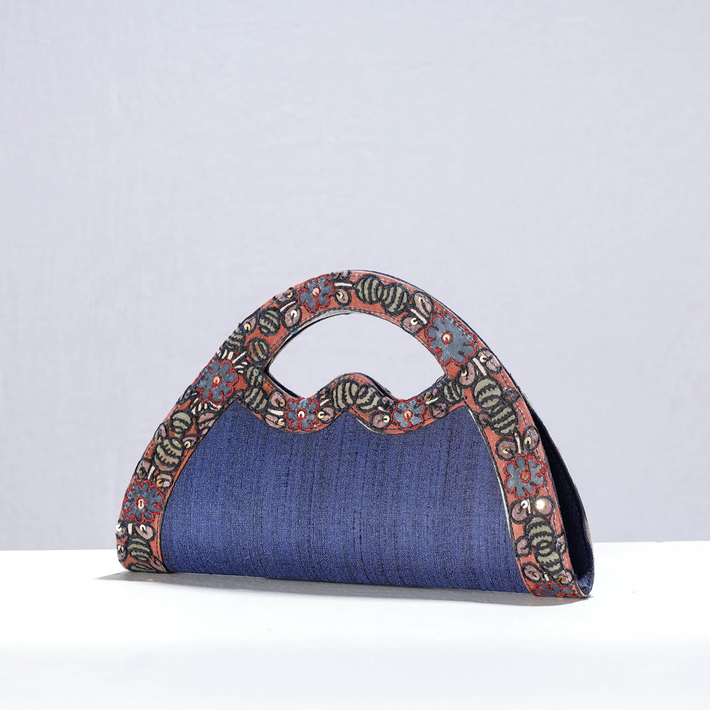 Blue Handpainted Kalamkari Natural Dyed Ghicha Silk Hand Clutch Bag
