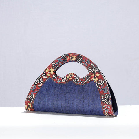 Blue Handpainted Kalamkari Natural Dyed Ghicha Silk Hand Clutch Bag