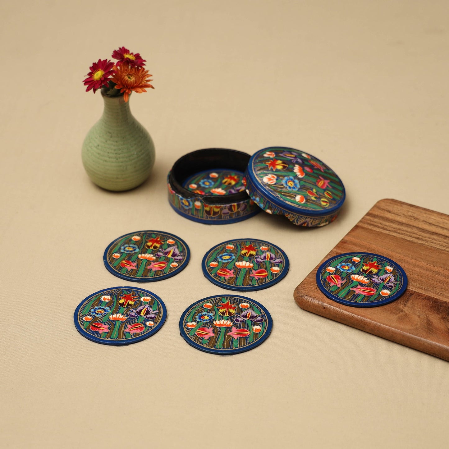 Blue - handpainted paper mache coaster with box (set of 6)