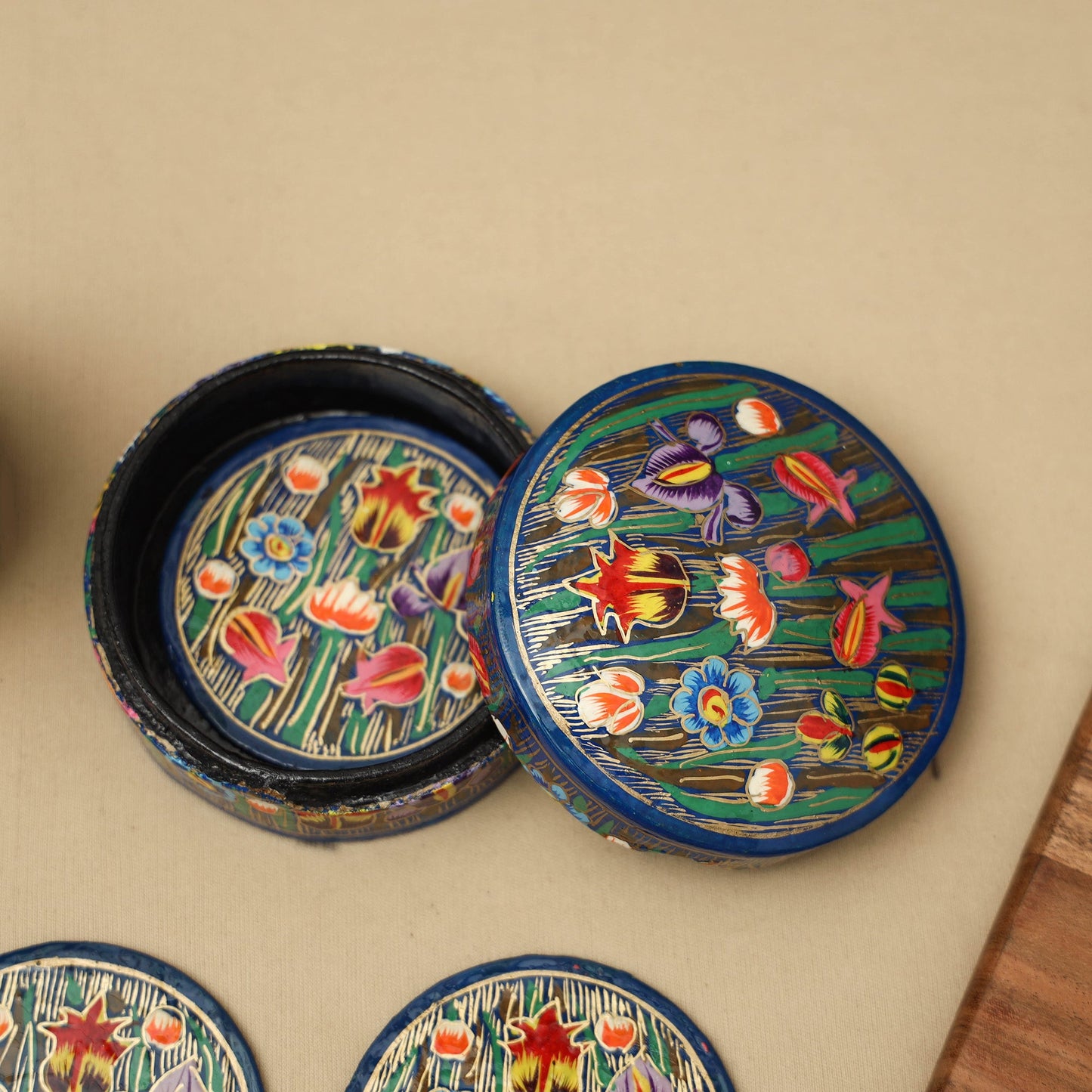 Blue - handpainted paper mache coaster with box (set of 6)
