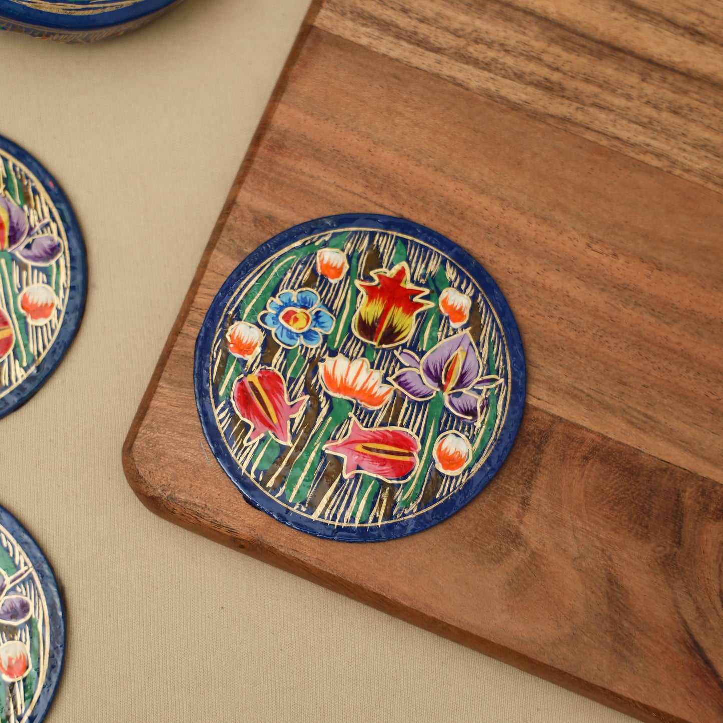 Blue - handpainted paper mache coaster with box (set of 6)