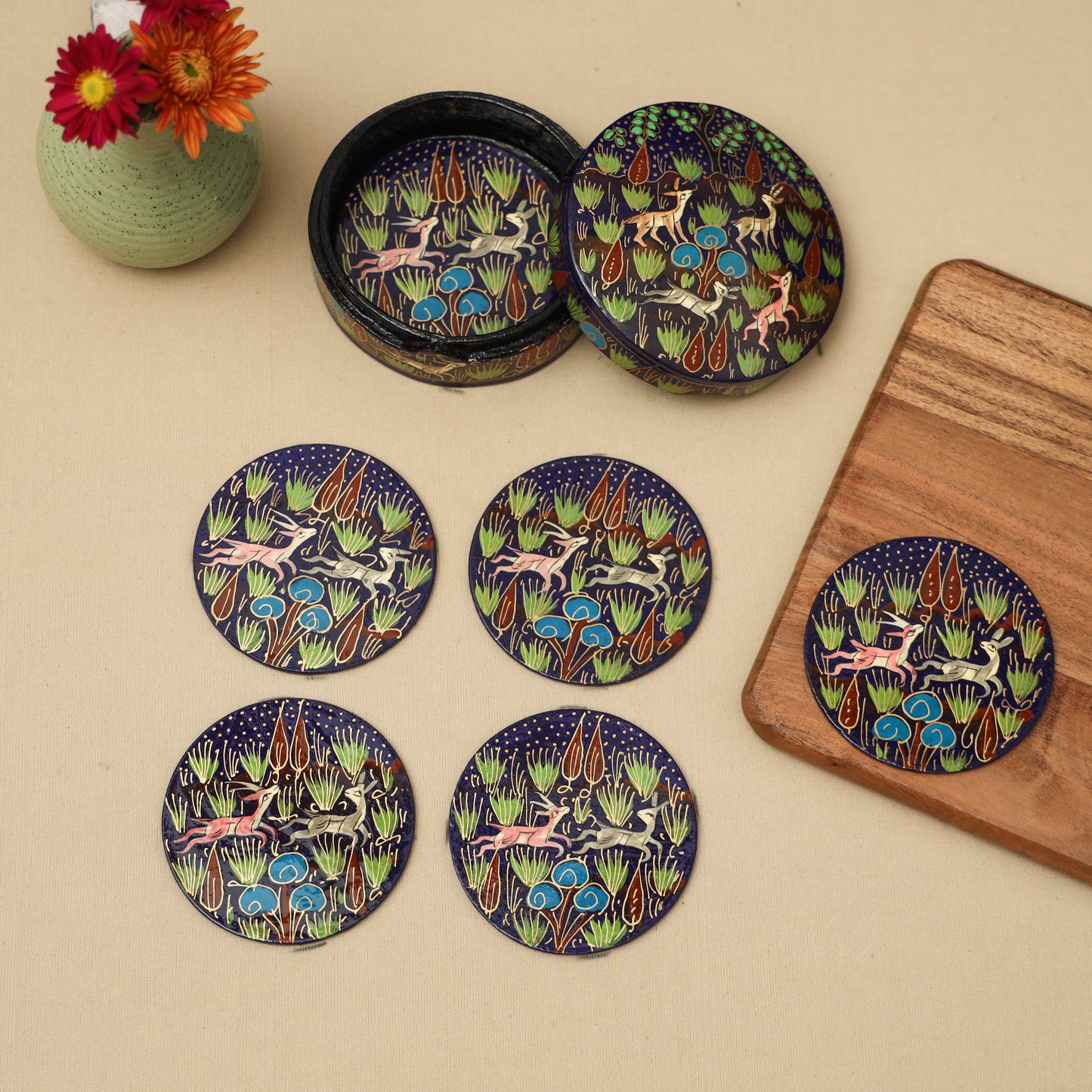 Blue - handpainted paper mache coaster with box (set of 6)