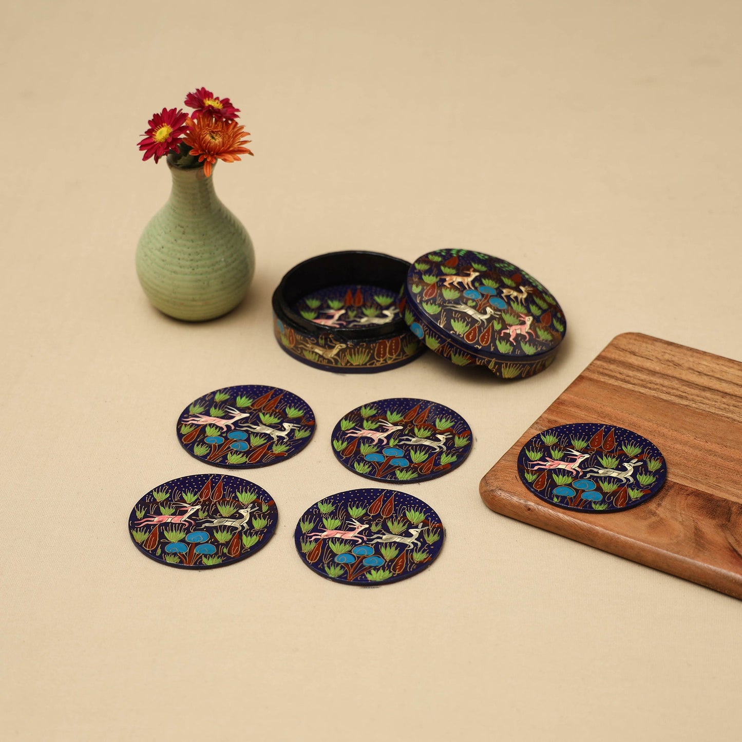 Blue - handpainted paper mache coaster with box (set of 6)