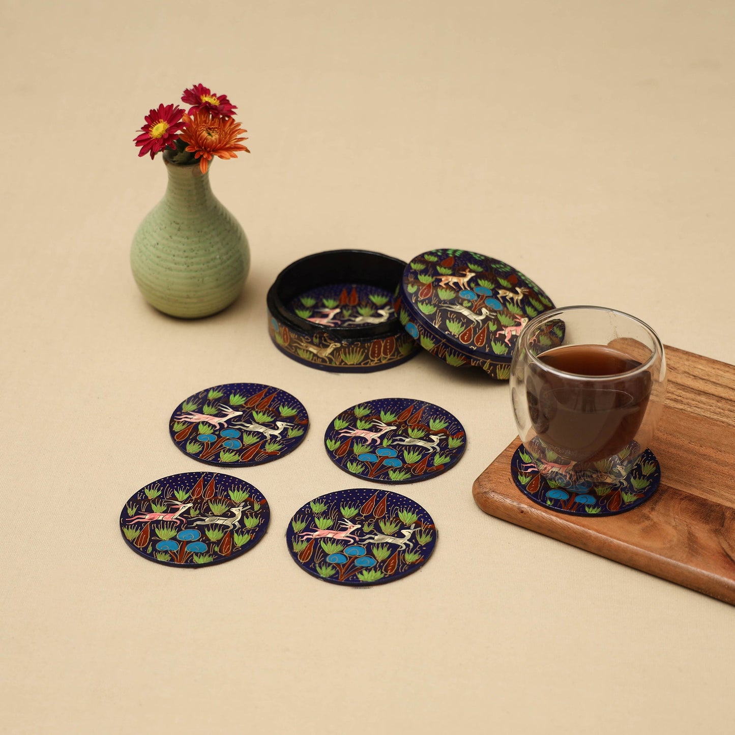 Blue - handpainted paper mache coaster with box (set of 6)