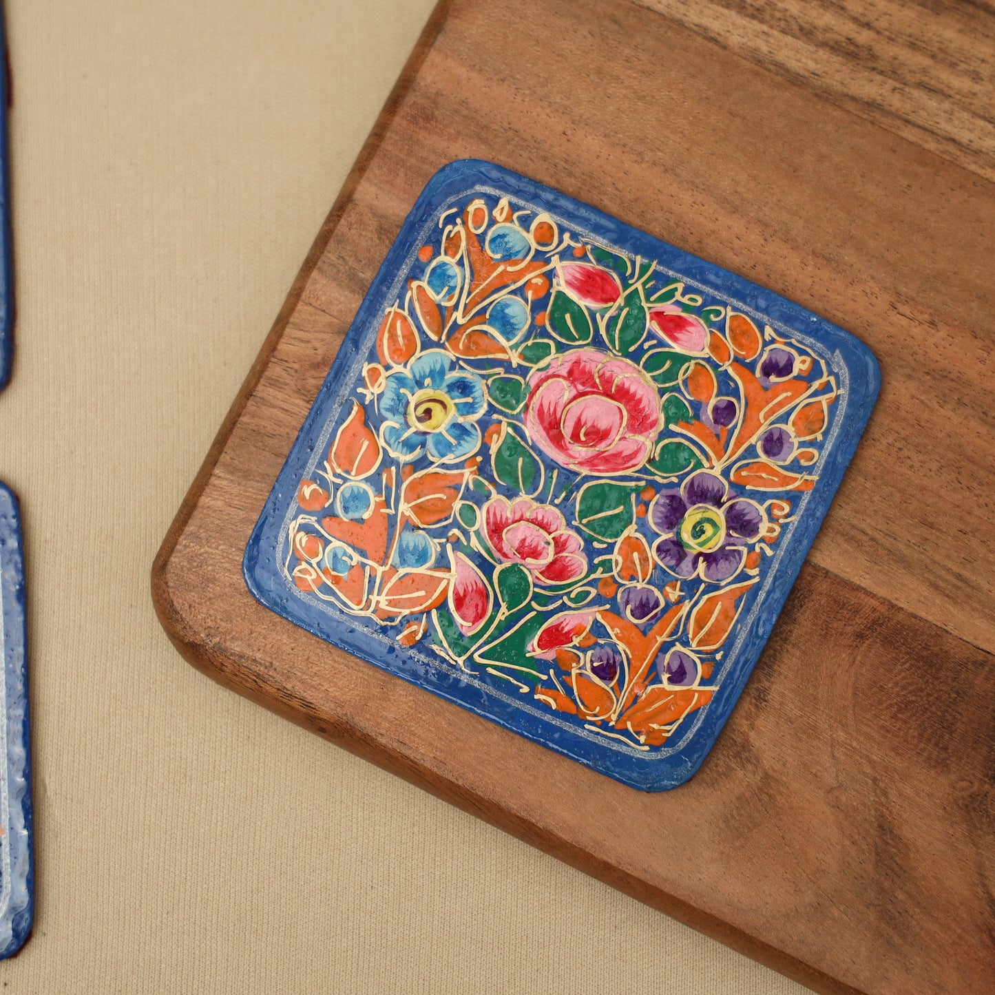 Blue - handpainted paper mache coaster with box (set of 6)