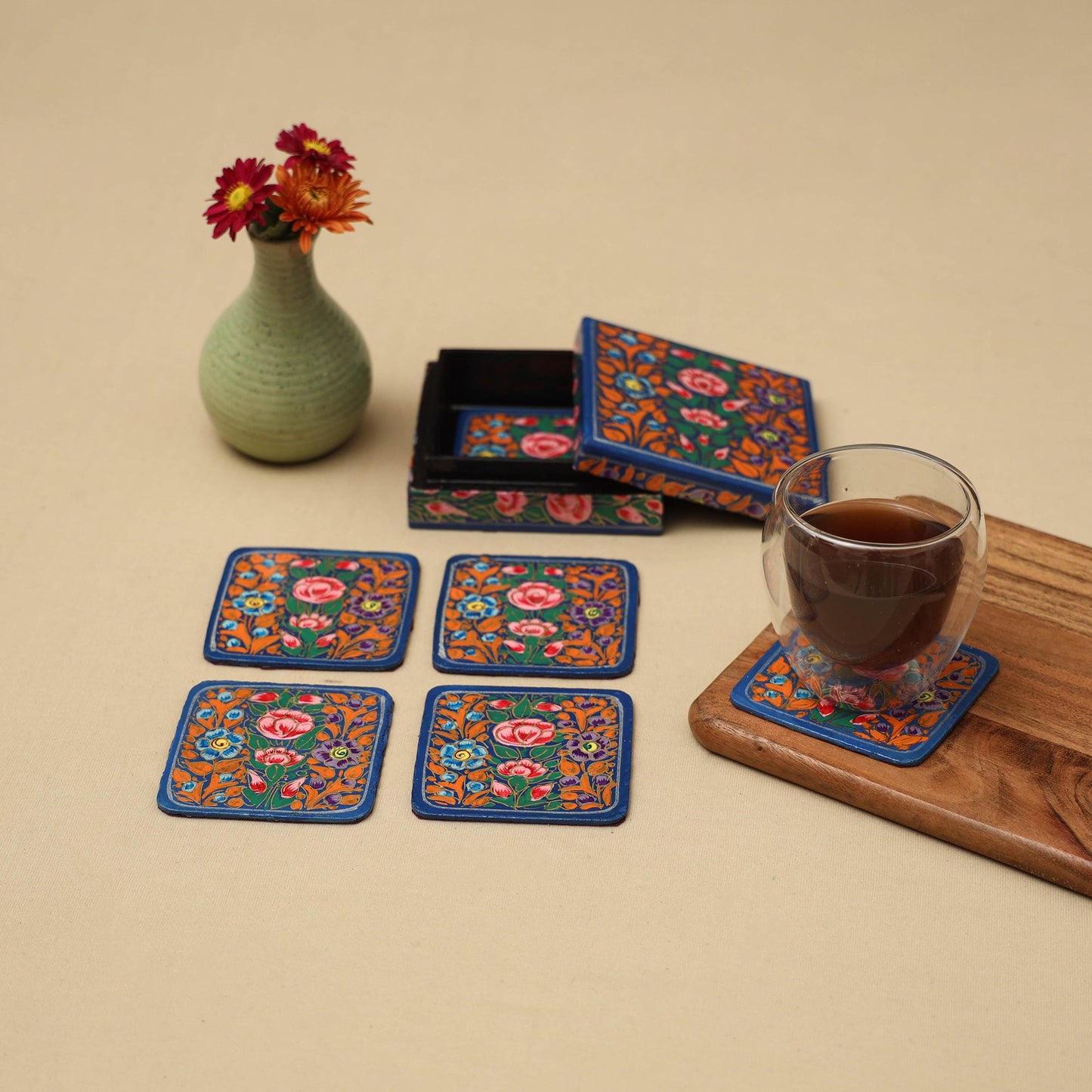 Blue - handpainted paper mache coaster with box (set of 6)