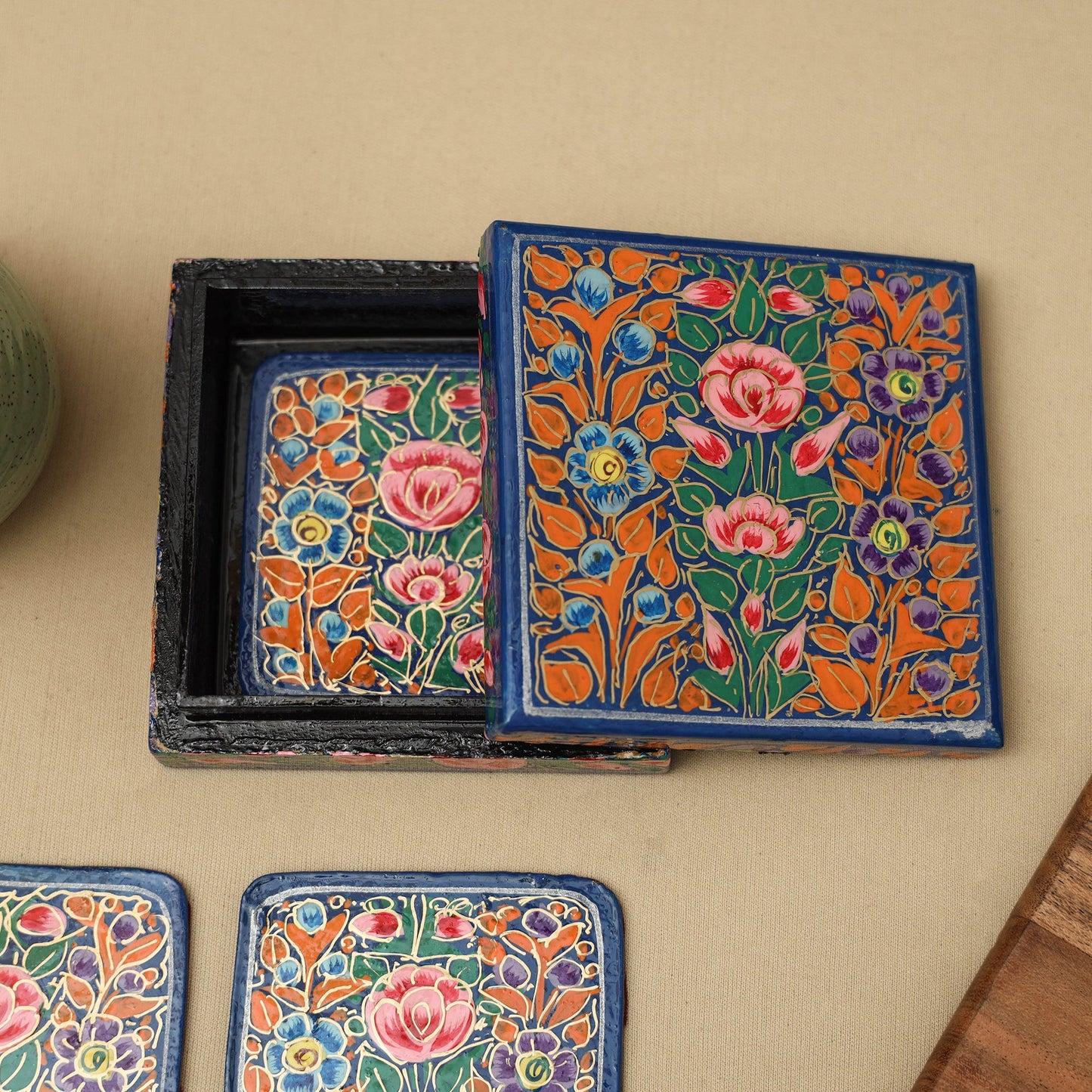 Blue - handpainted paper mache coaster with box (set of 6)