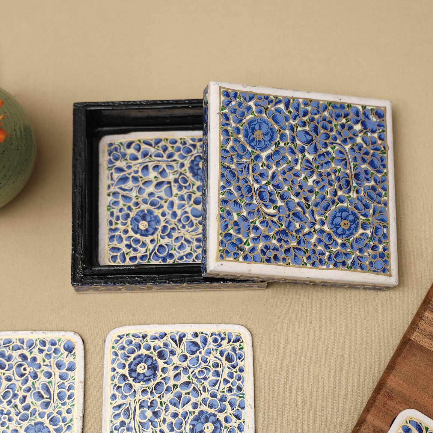 Blue - handpainted paper mache coaster with box (set of 6)