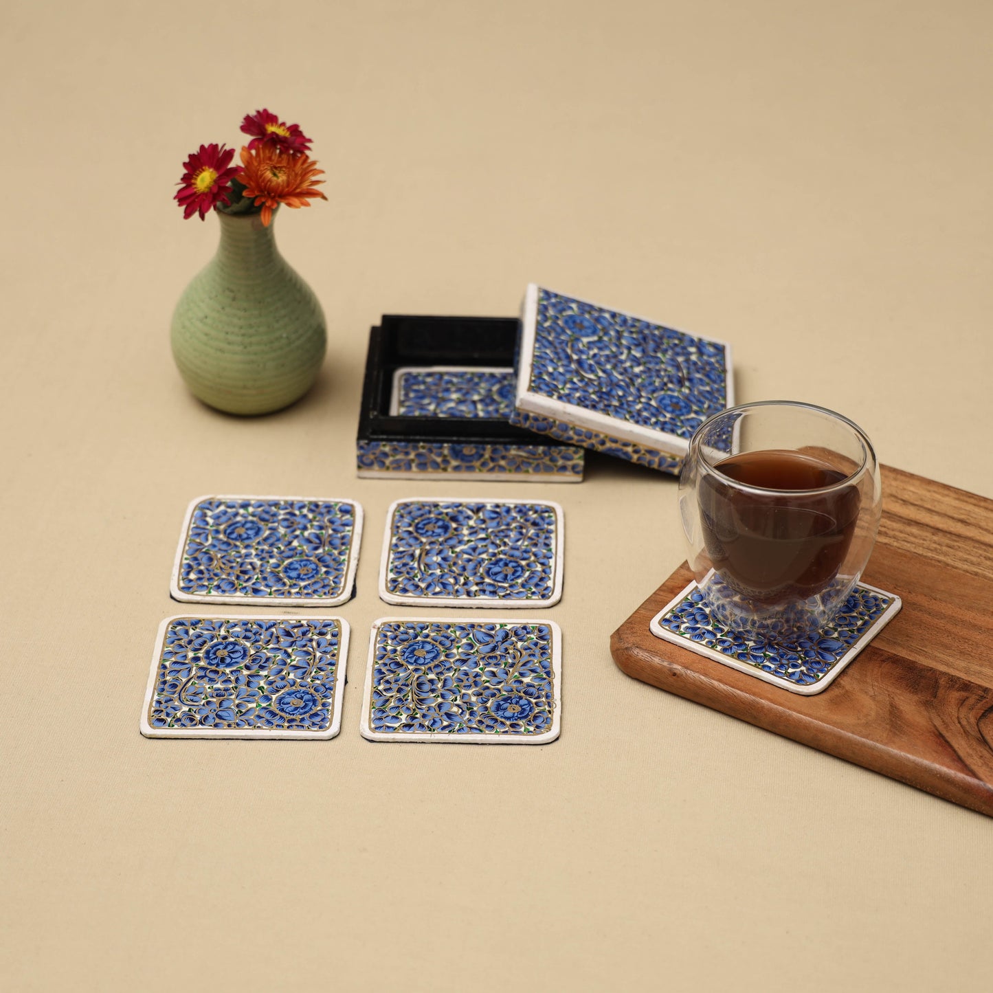 Blue - handpainted paper mache coaster with box (set of 6)