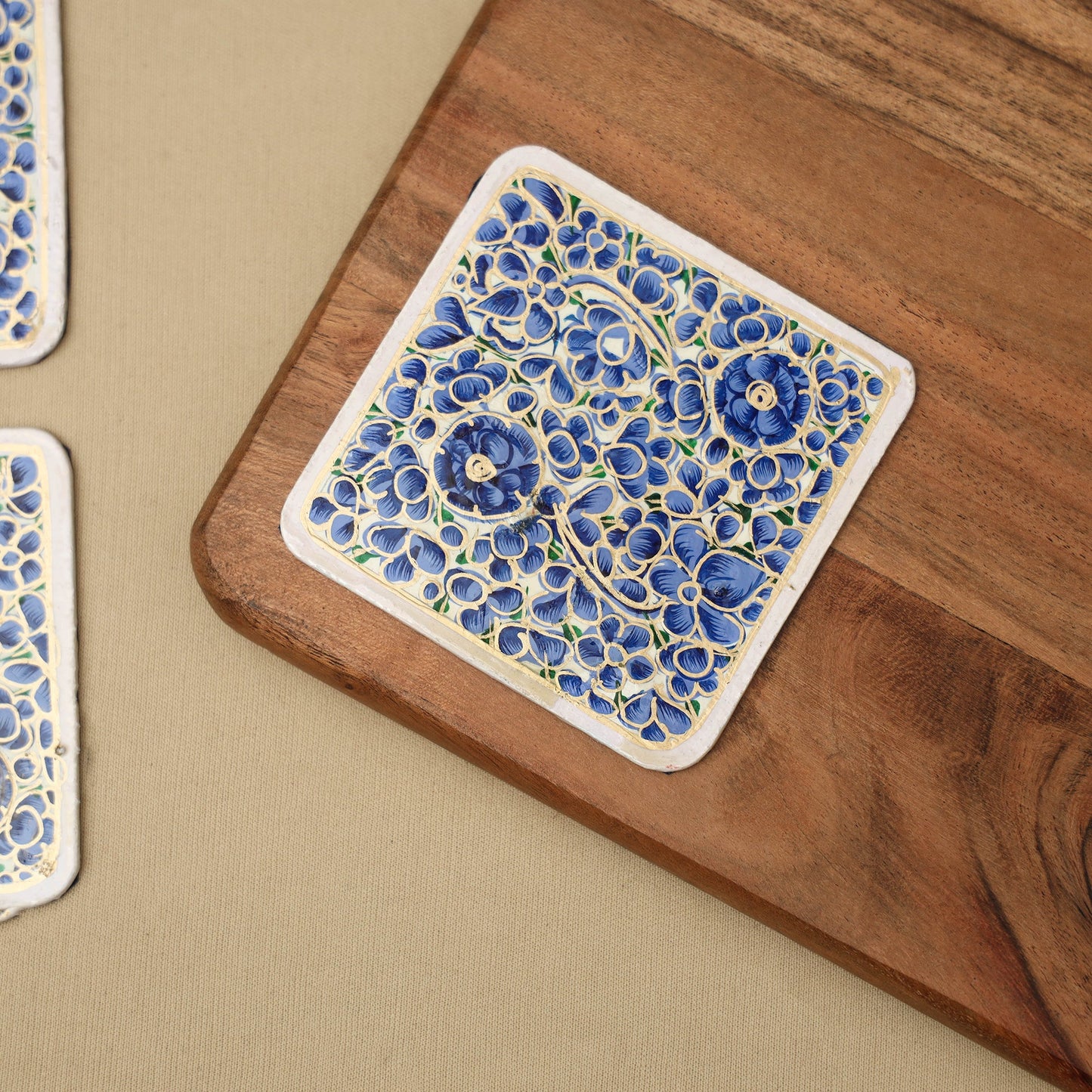 Blue - handpainted paper mache coaster with box (set of 6)