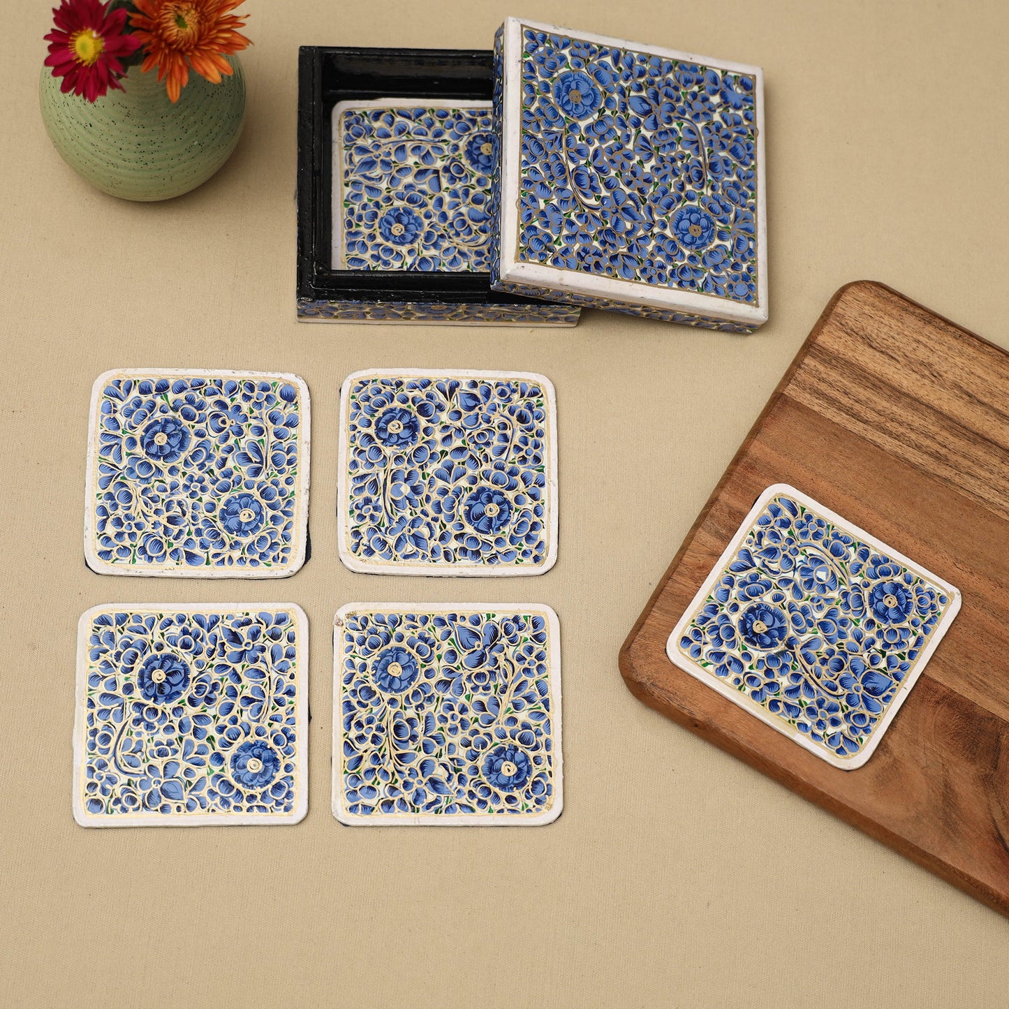 Blue - handpainted paper mache coaster with box (set of 6)