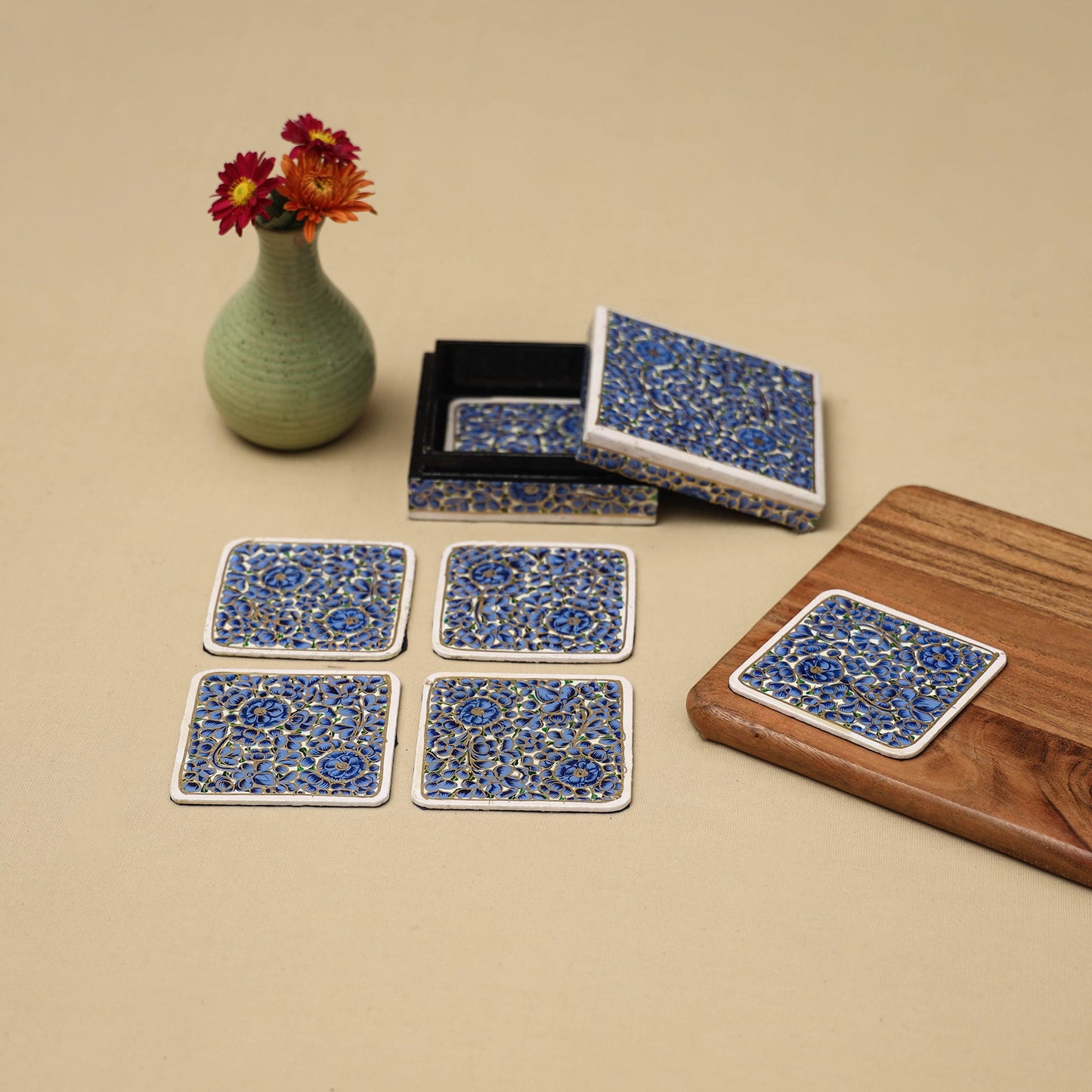 Blue - handpainted paper mache coaster with box (set of 6)