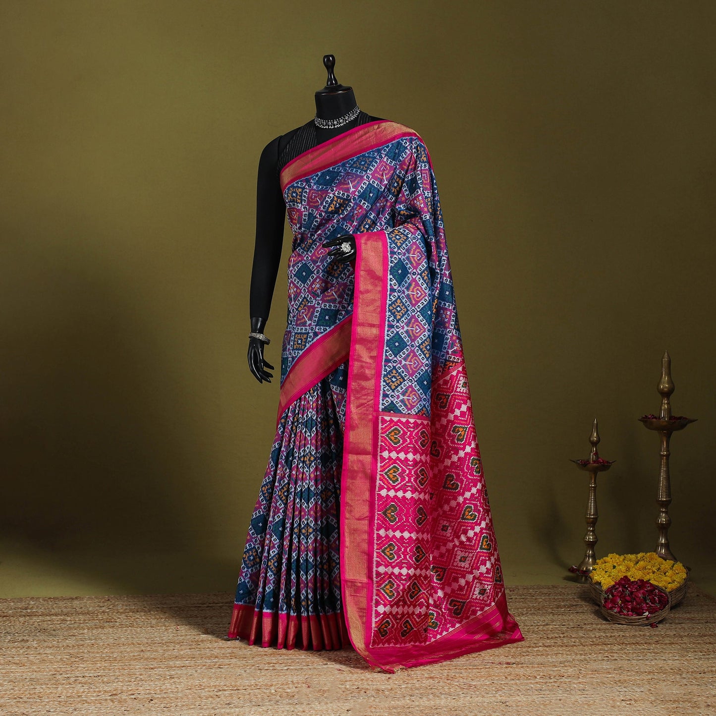 Blue - handspun handloom silk pochampally patola ikat saree