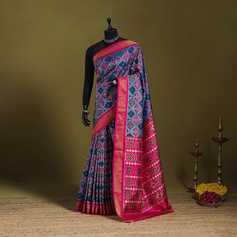 Blue - handspun handloom silk pochampally patola ikat saree