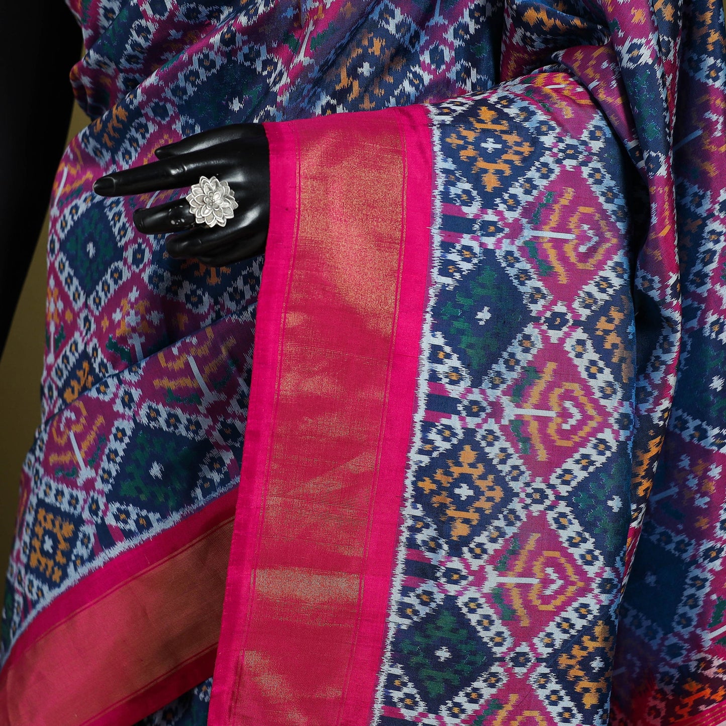 Blue - handspun handloom silk pochampally patola ikat saree
