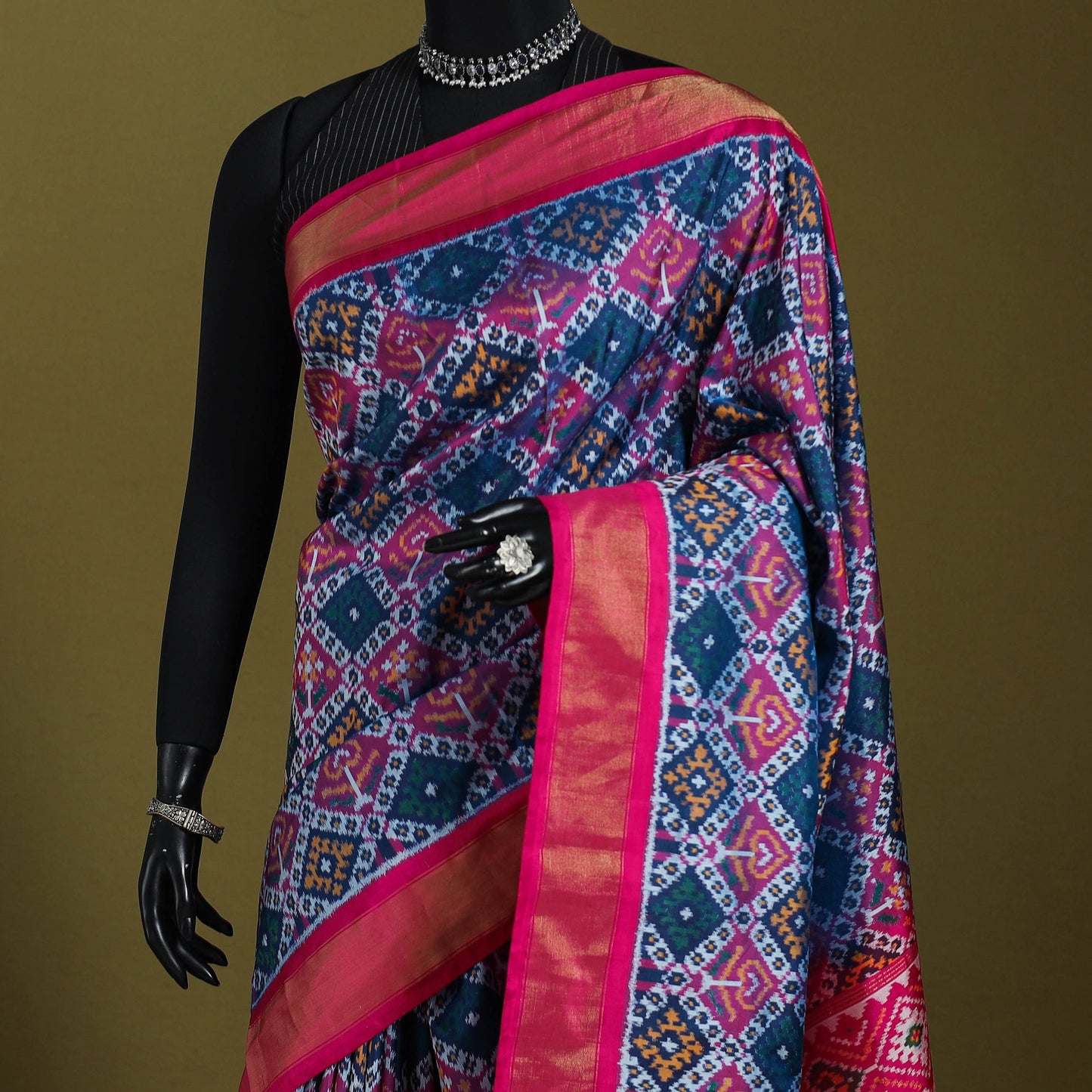 Blue - handspun handloom silk pochampally patola ikat saree