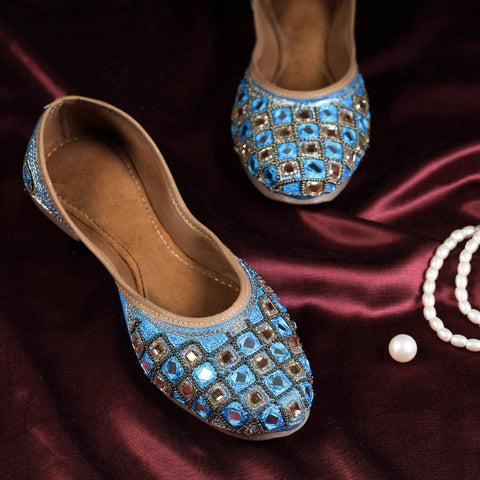 Blue Handstitched Mirror & Bead Work Jaipuri Flat Jutti