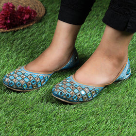 Blue Handstitched Mirror & Bead Work Jaipuri Flat Jutti