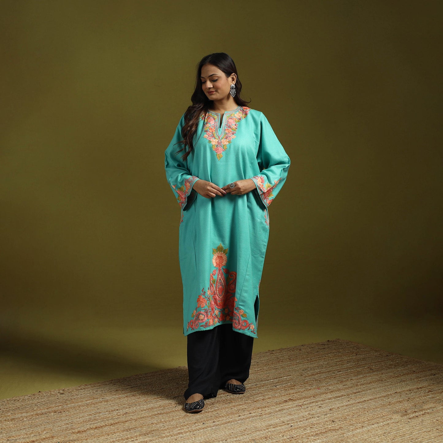 Blue - handwoven aari embroidered kashmiri merino wool