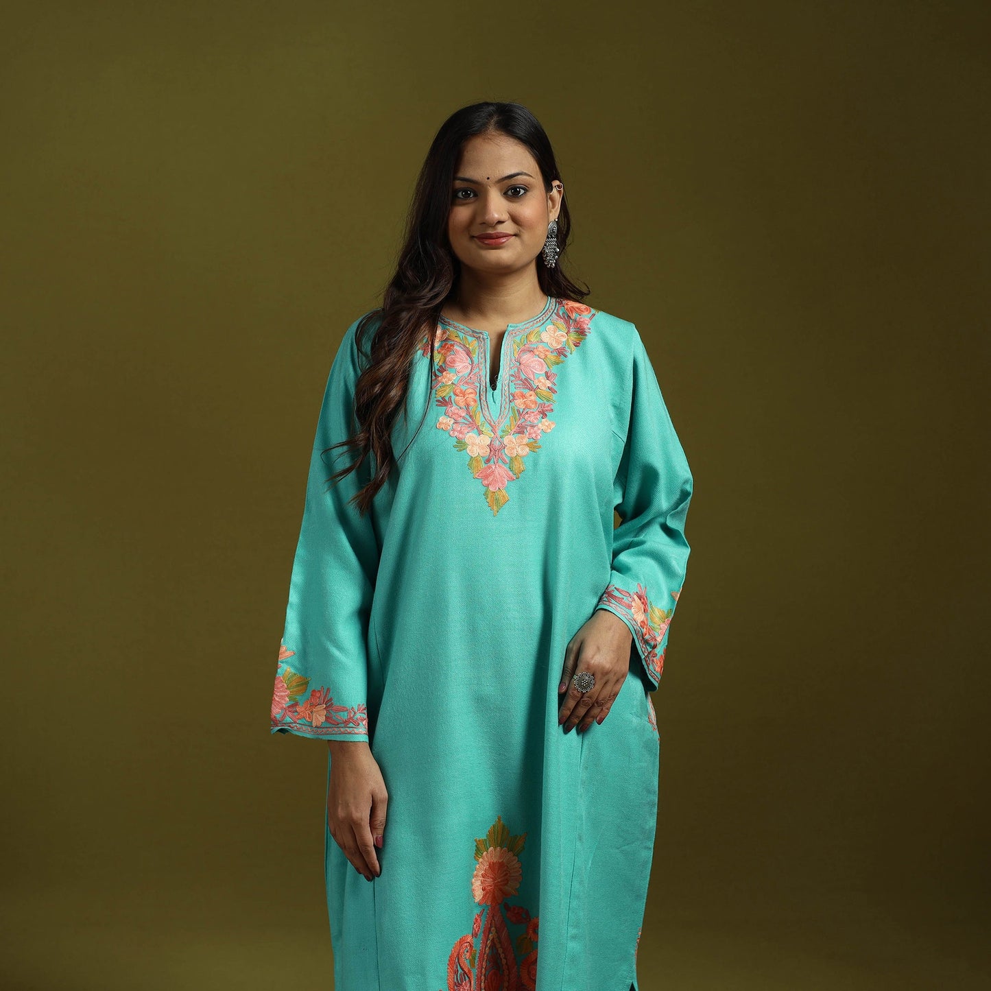 Blue - handwoven aari embroidered kashmiri merino wool