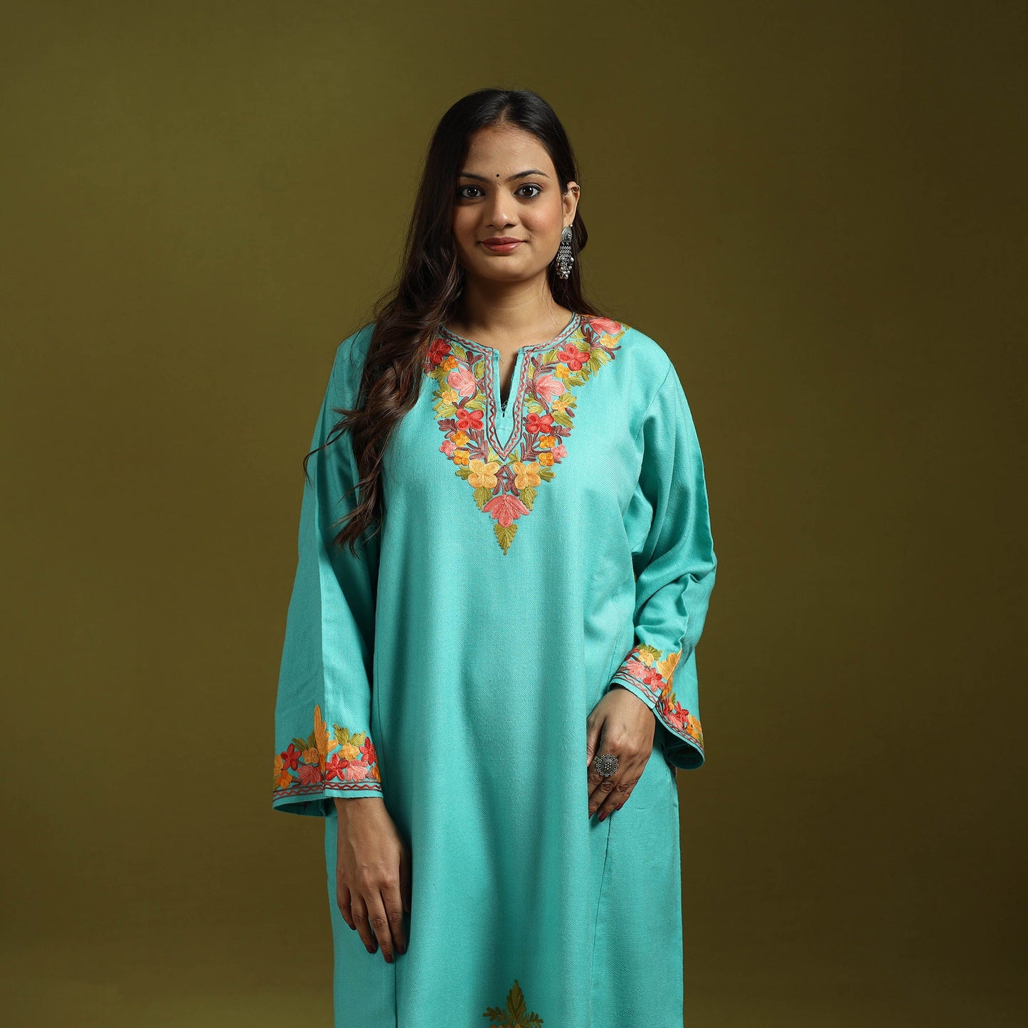 Blue - handwoven aari embroidered kashmiri merino wool