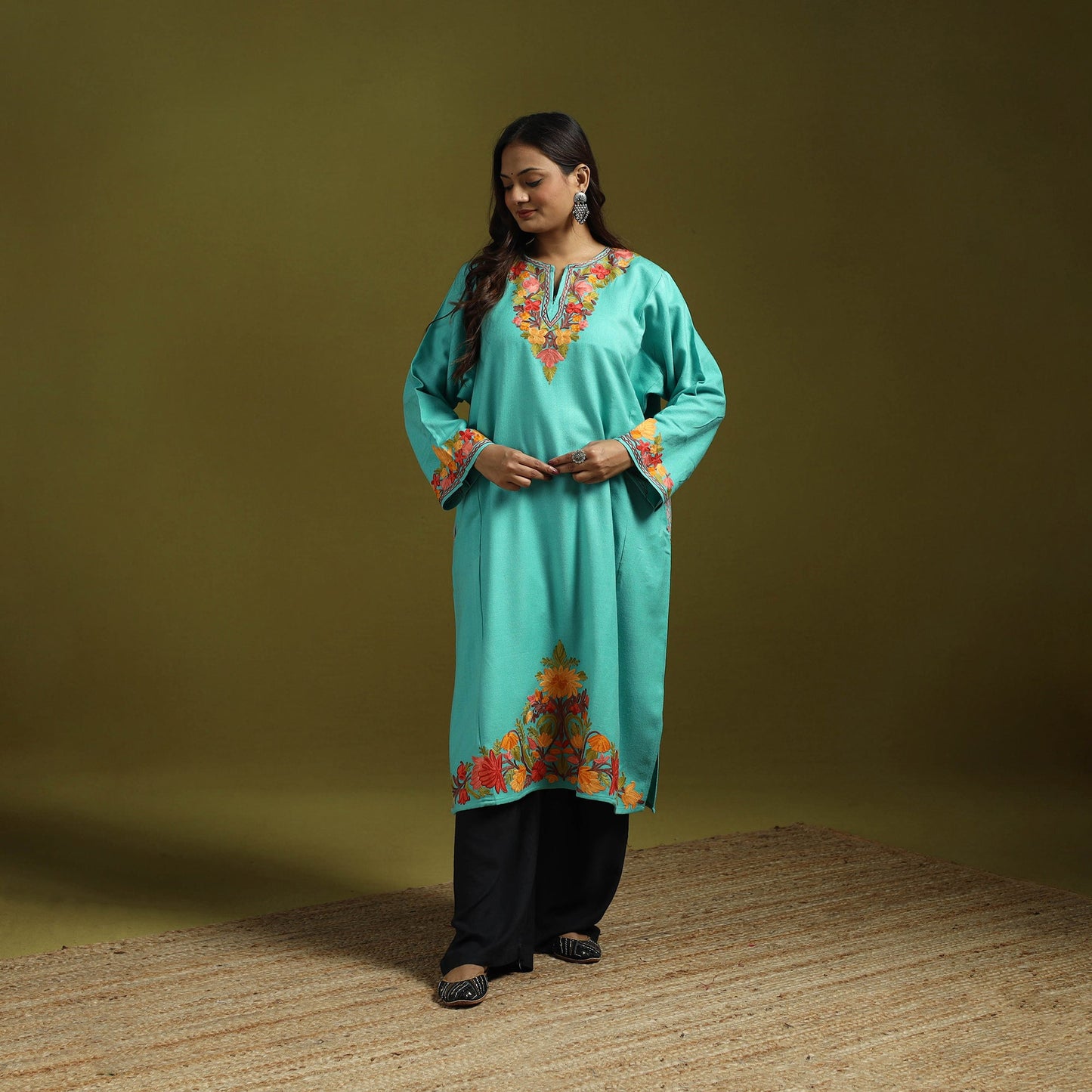 Blue - handwoven aari embroidered kashmiri merino wool
