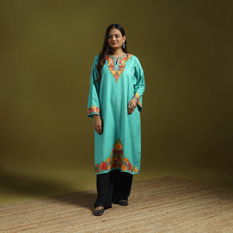 Blue - handwoven aari embroidered kashmiri merino wool