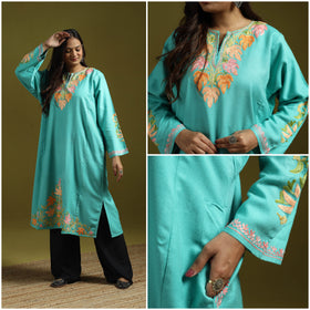 Blue - handwoven aari embroidered kashmiri merino wool