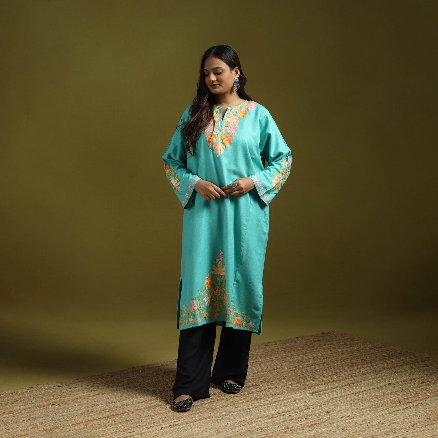 Blue - handwoven aari embroidered kashmiri merino wool