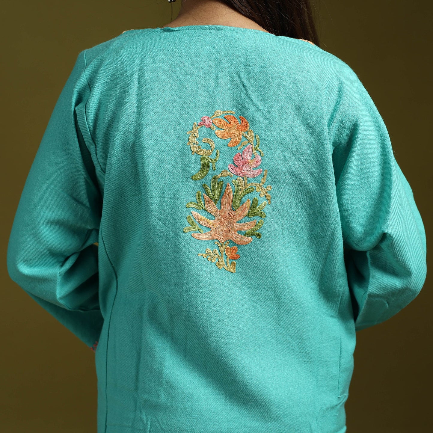 Blue - handwoven aari embroidered kashmiri merino wool