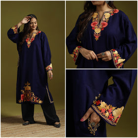 Blue - handwoven aari embroidered kashmiri merino wool