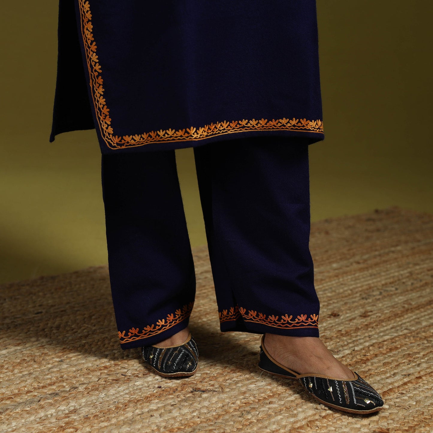 Blue - handwoven aari embroidered kashmiri merino wool