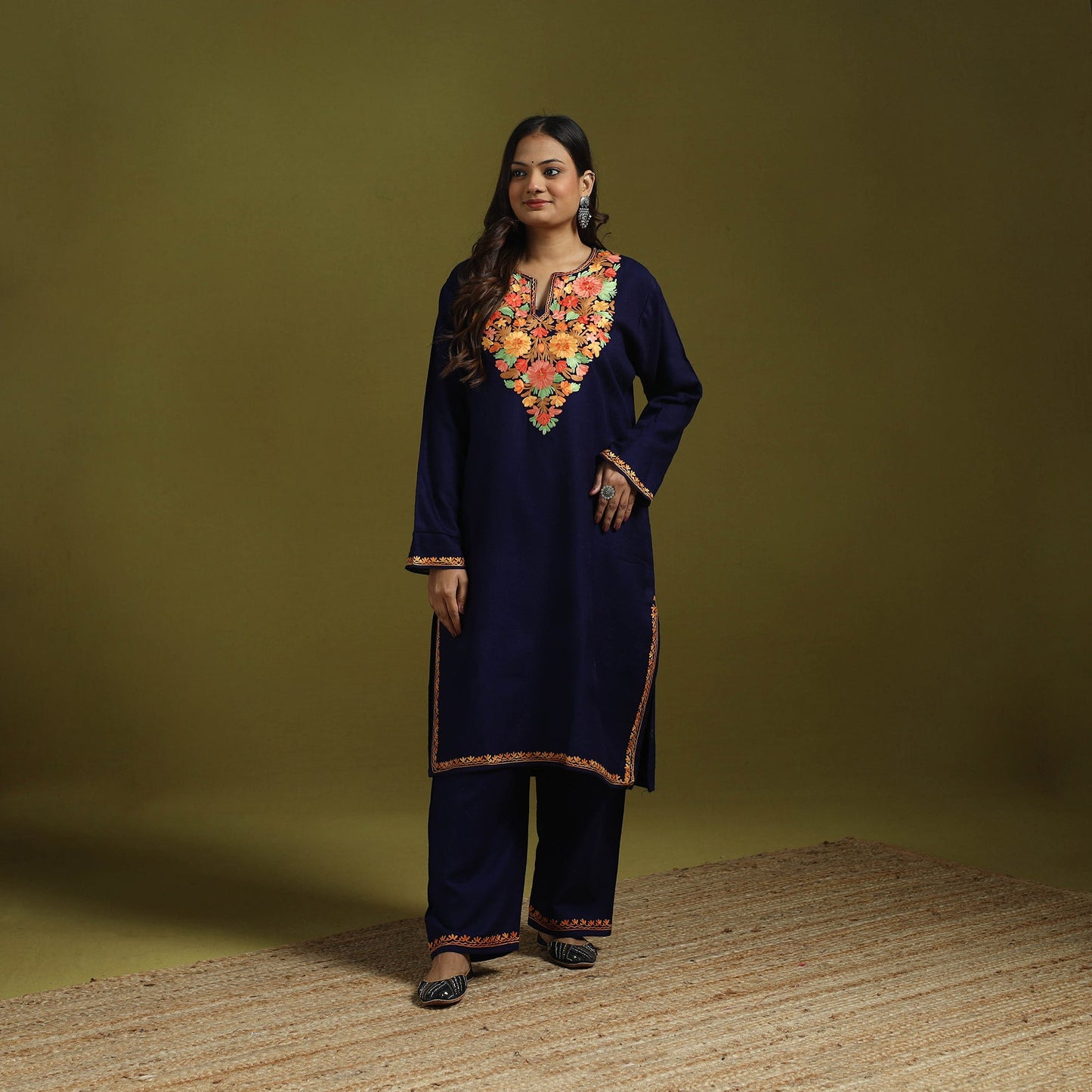 Blue - handwoven aari embroidered kashmiri merino wool