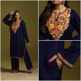 Blue - handwoven aari embroidered kashmiri merino wool