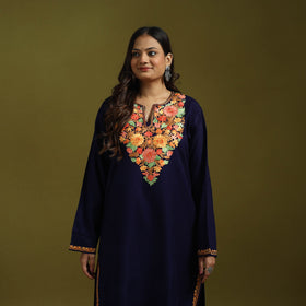 Blue - handwoven aari embroidered kashmiri merino wool
